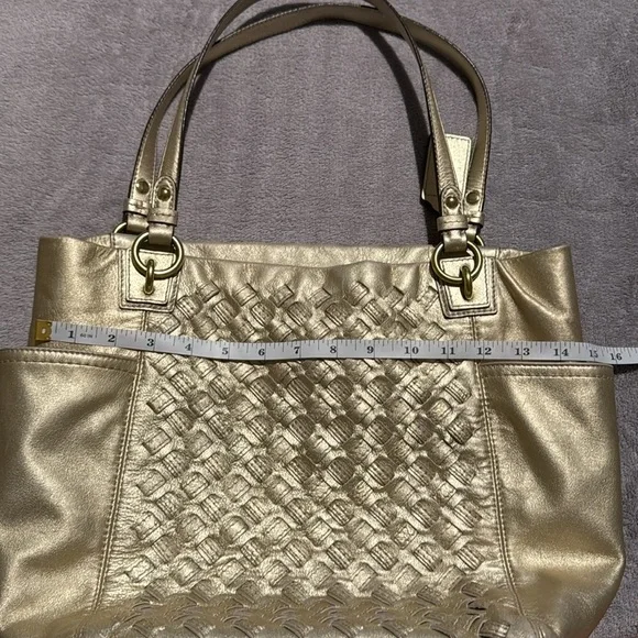 COACH- North South Metallic Woven Leather Gold Leather Shoulder Bag Tote F17099 - Picture 15 of 17
